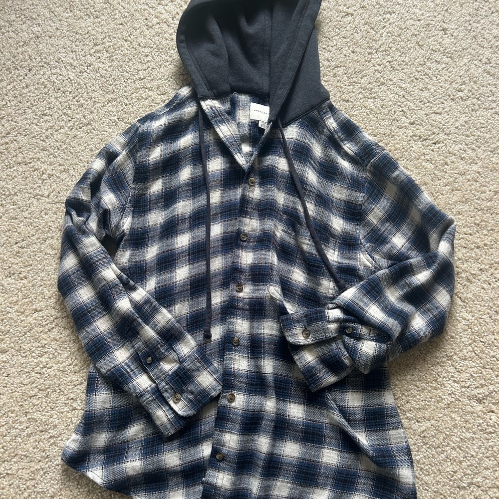 American Eagle Outfitters Blue and Gray Plaid Hoodie